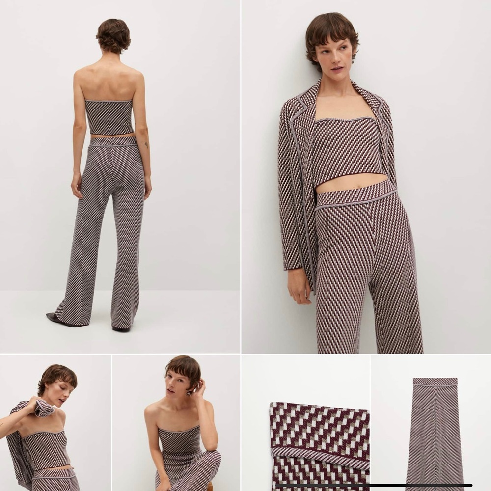 MANGO HIGH WAIST WIDE LEG GEOMETRIC PATTERN BURGUNDY/WHT/GOLD  MED...EUC